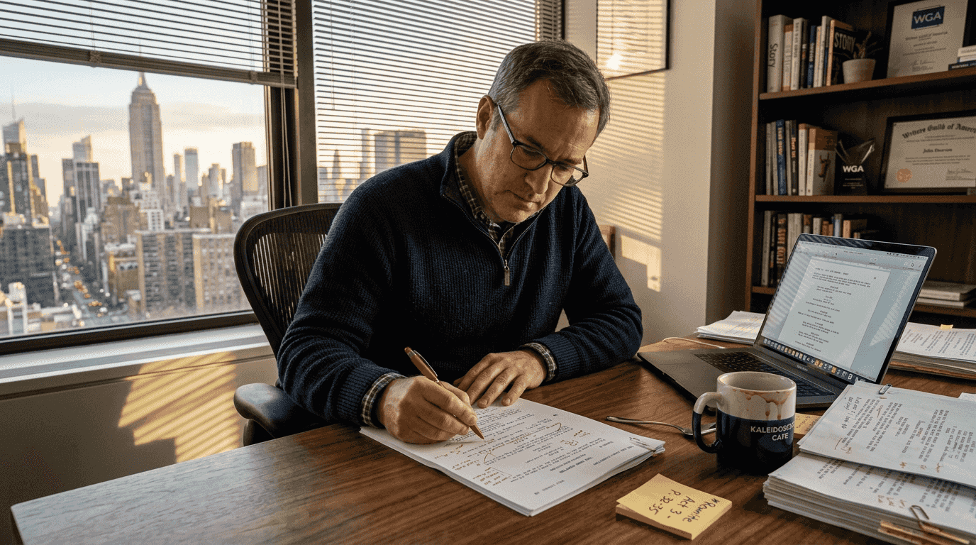 Screenwriter reviewing screenplay in corner office Screenwriter reviewing screenplay in corner office