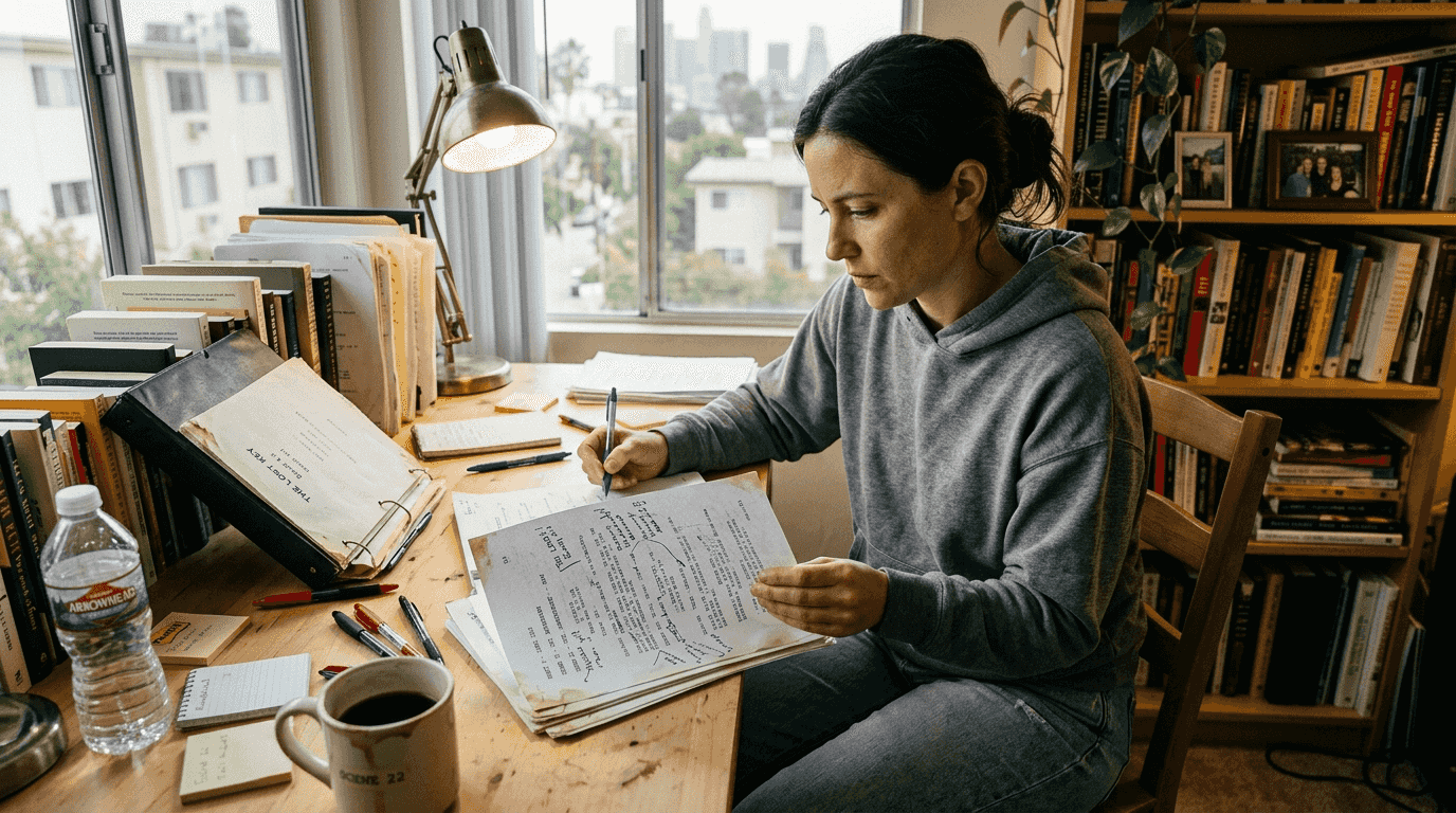 Screenwriter editing paper script at home desk Screenwriter editing paper script at home desk