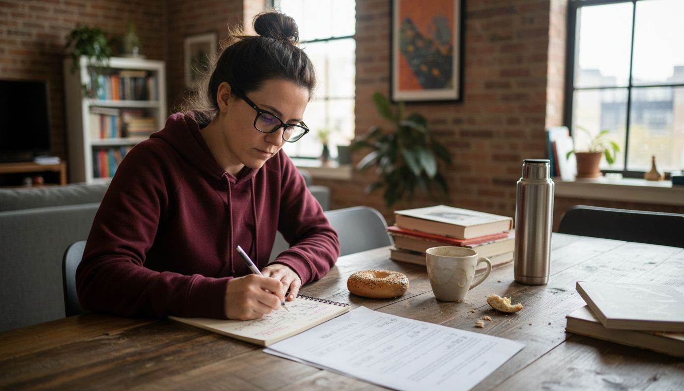 Screenwriter creating character notes at dining table