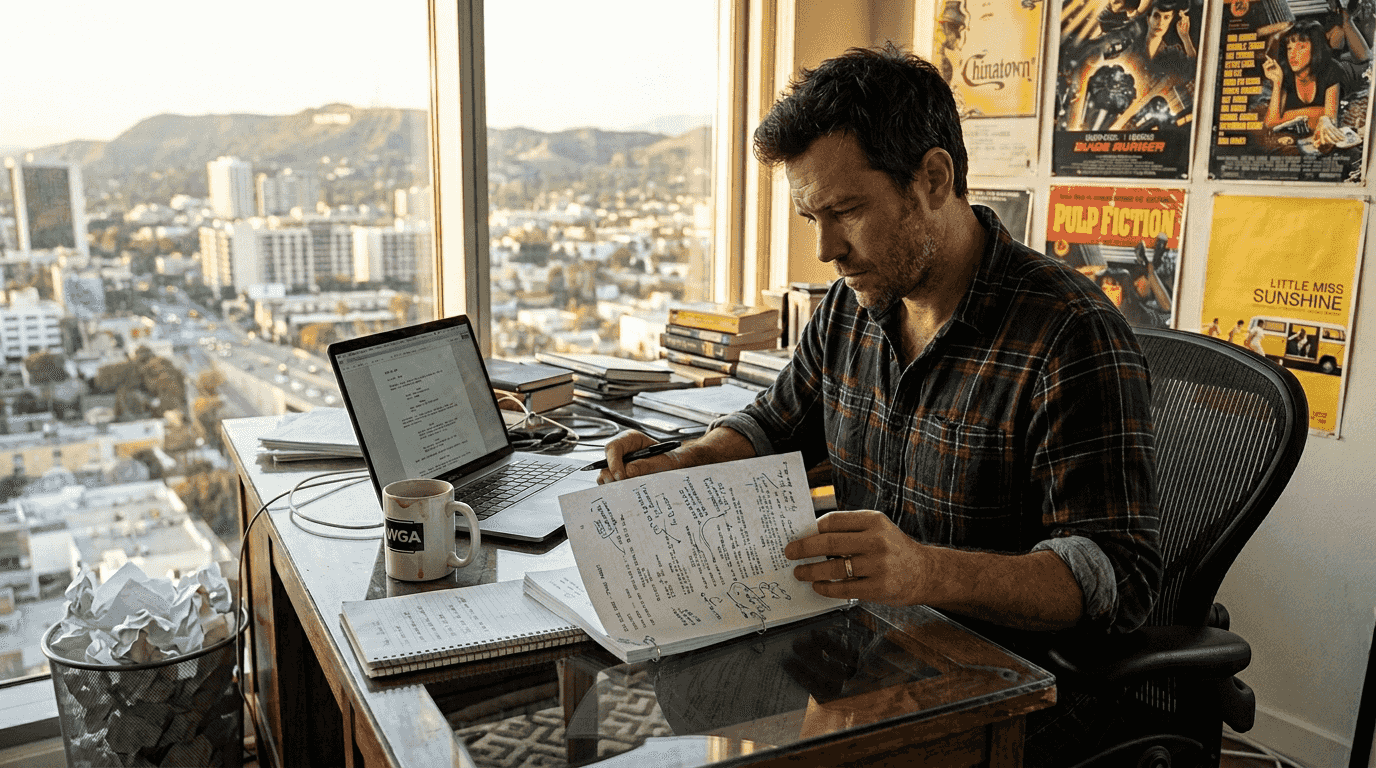Screenwriter at glass desk analyzing a script