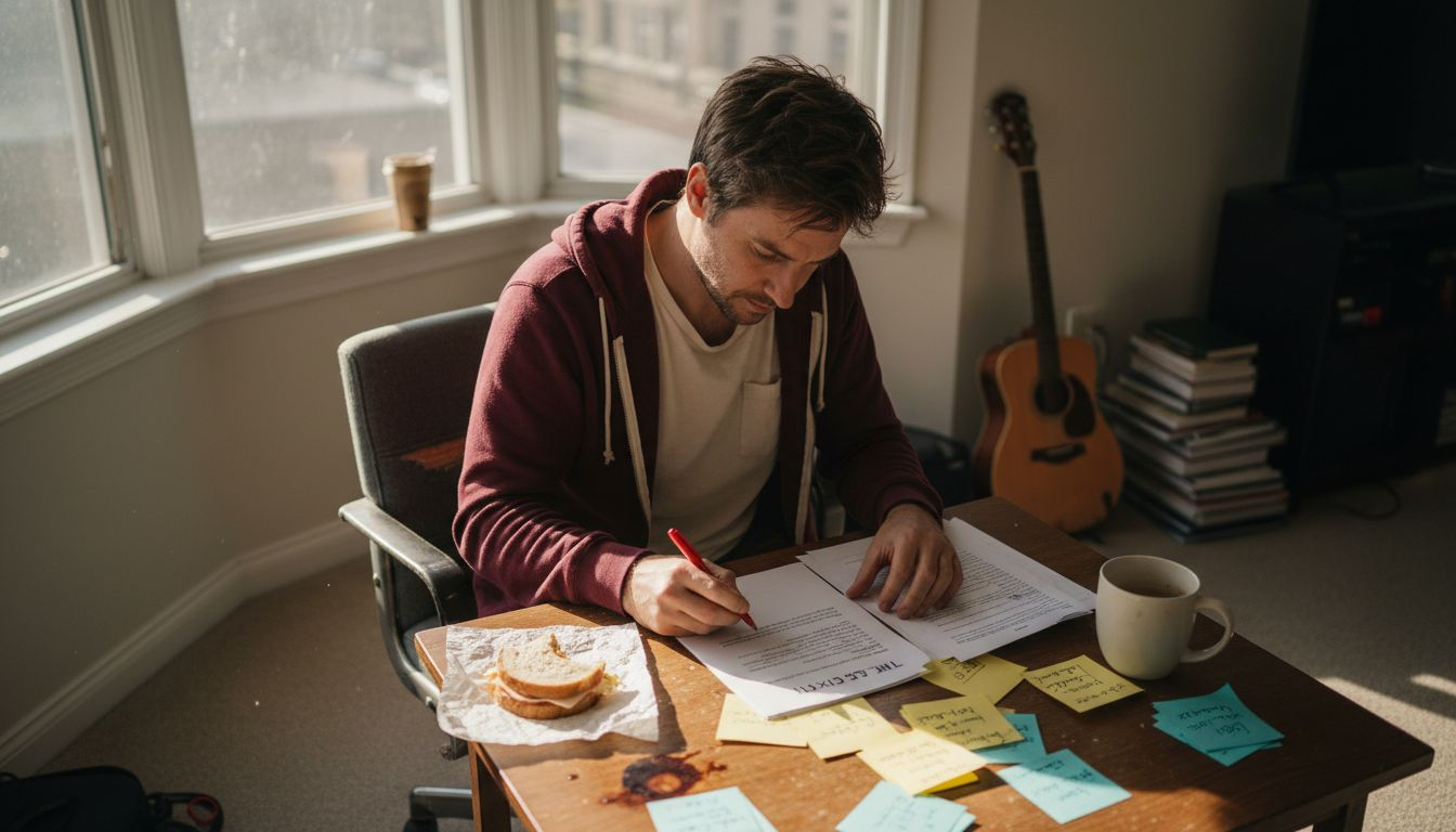 1773655402559_image Screenwriter editing printed screenplay at home desk