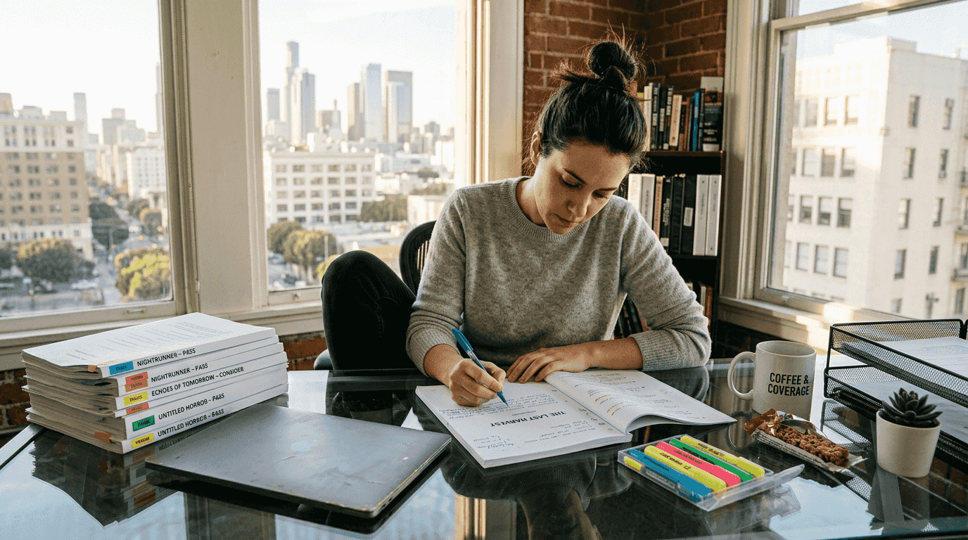 1773738915208_Script-reader-reviewing-screenplay-in-busy-office Script reader reviewing screenplay in busy office