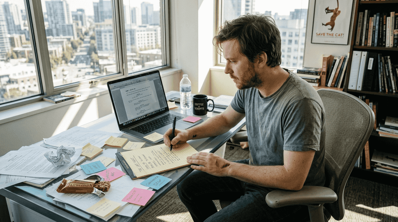 Screenwriter developing script structure checklist