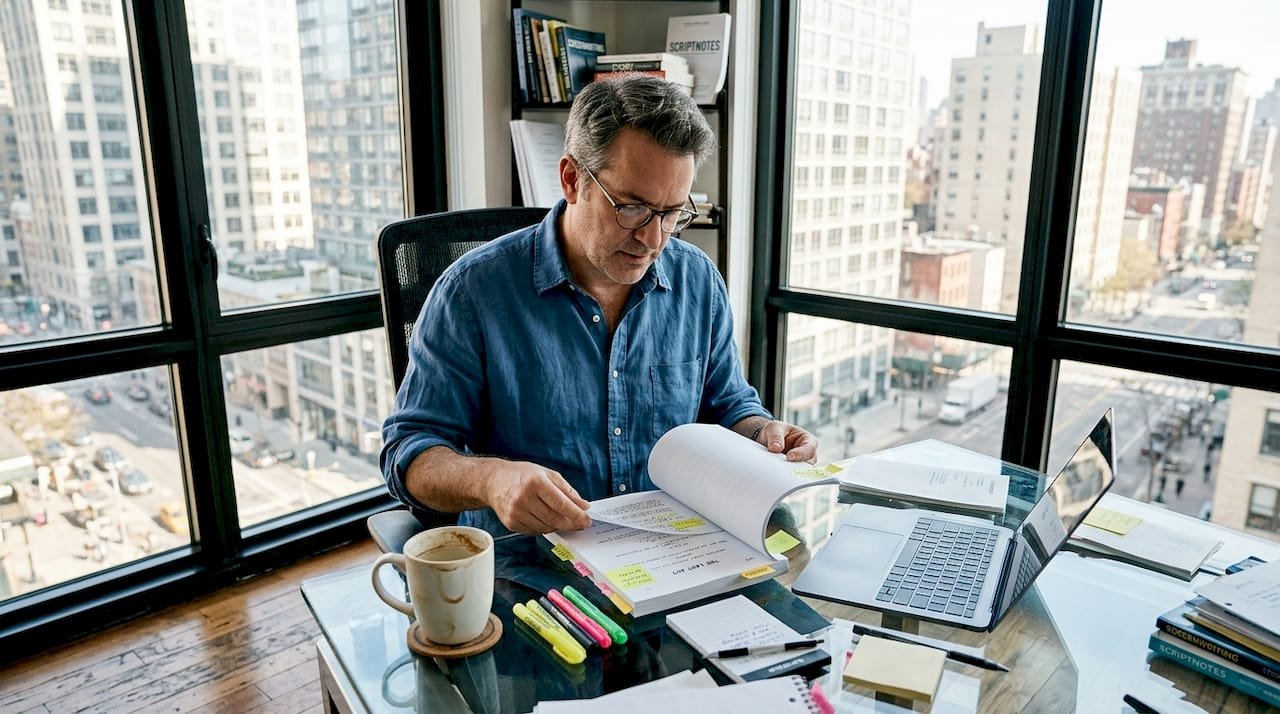 Script reader reviewing pages in sunny office
