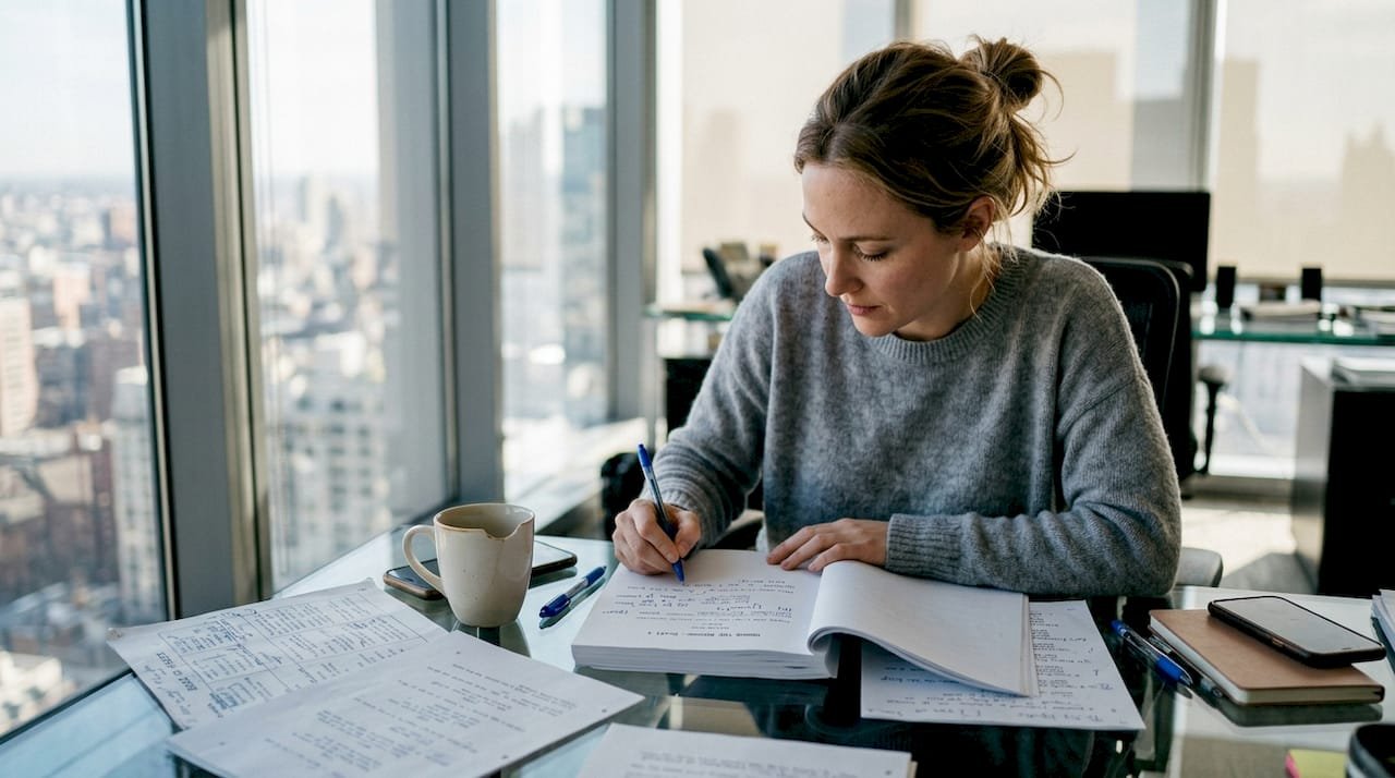 Screenwriter revising screenplay with notes