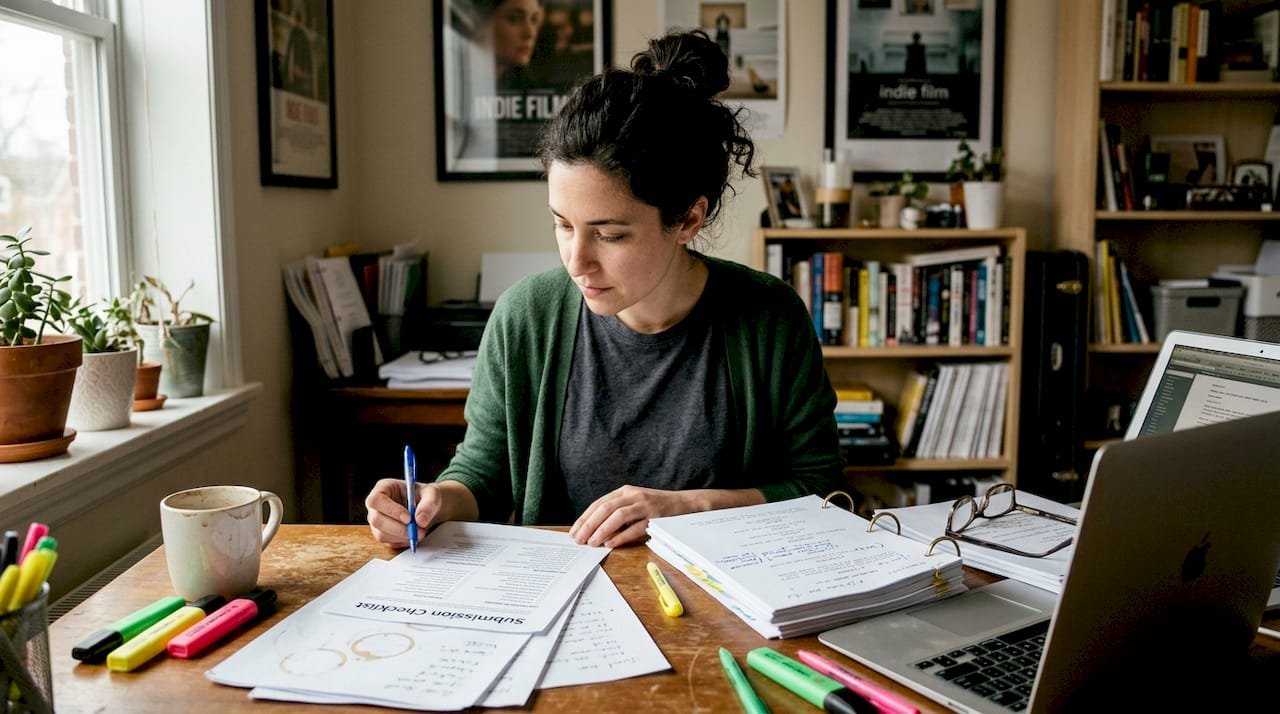 Screenwriter preparing script submission workspace