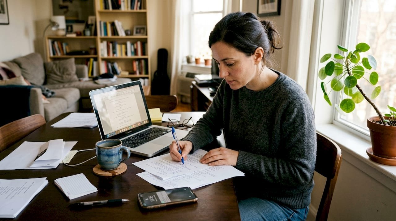 Screenwriter reviewing script in sunlit home