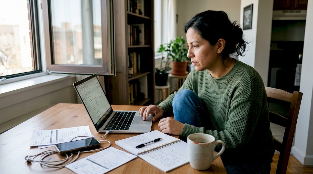 Business owner reviewing website at kitchen table
