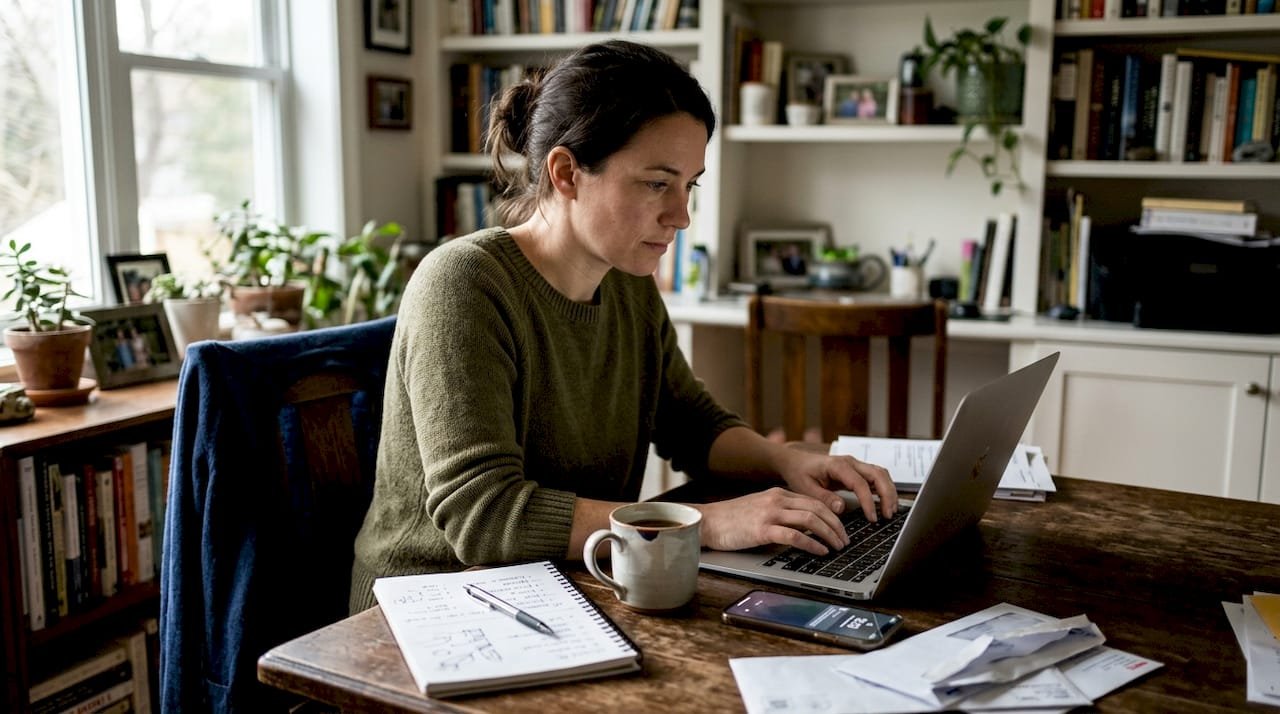 Woman writing newsletter in home office setting