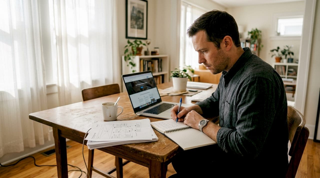 Business owner reviewing website messaging at home