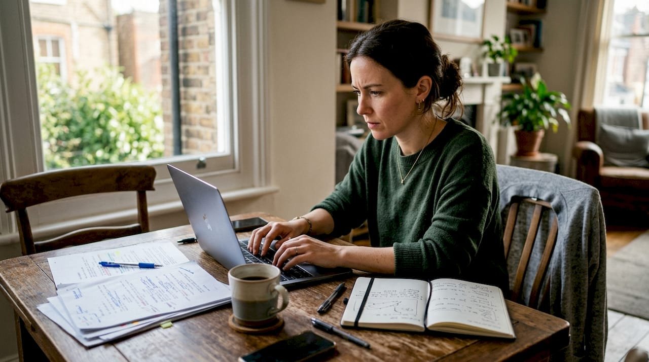 Screenwriter working on script treatment at home table