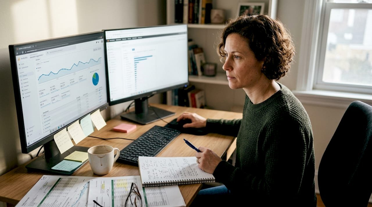 Business owner reviewing website analytics data