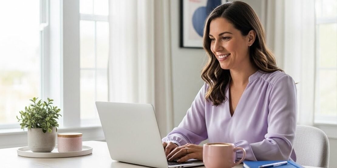 Woman growing email list at home desk