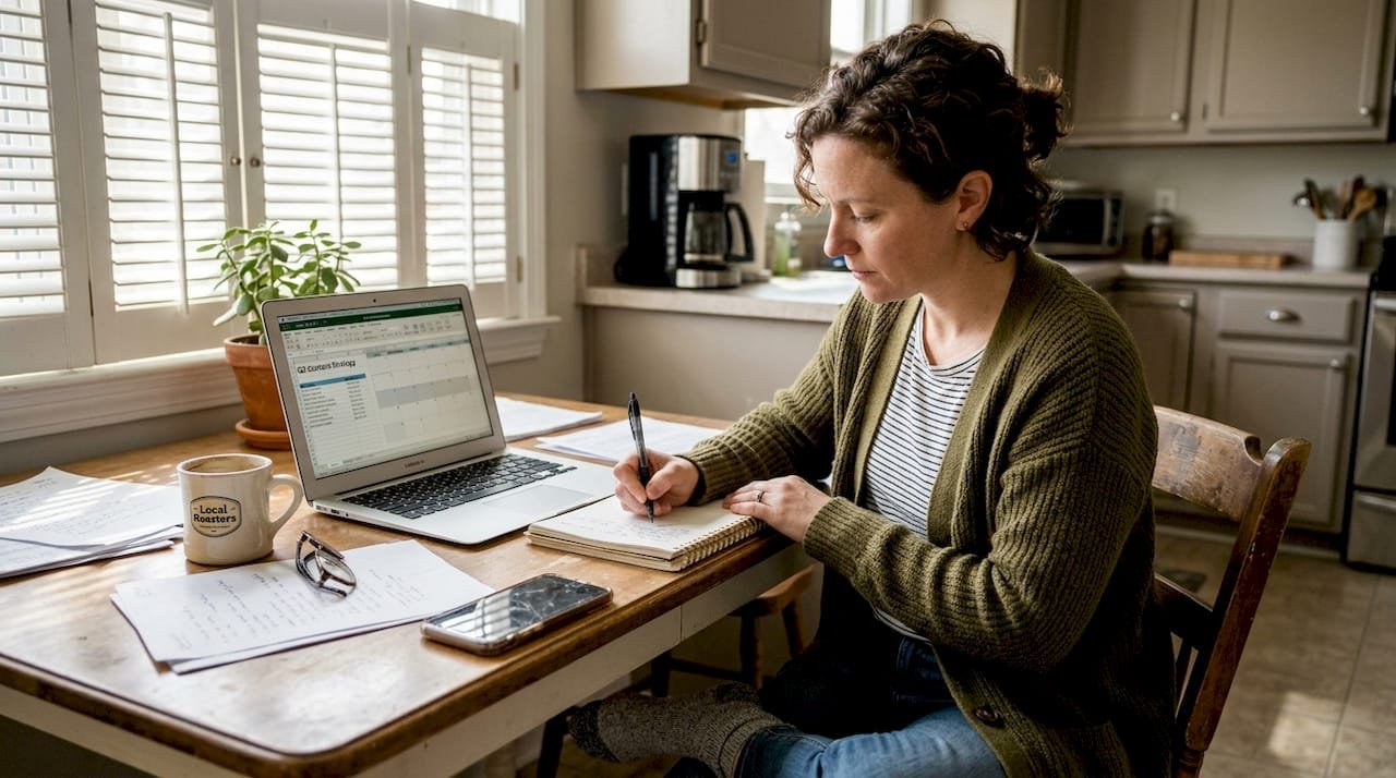 Business owner planning content strategy at kitchen table