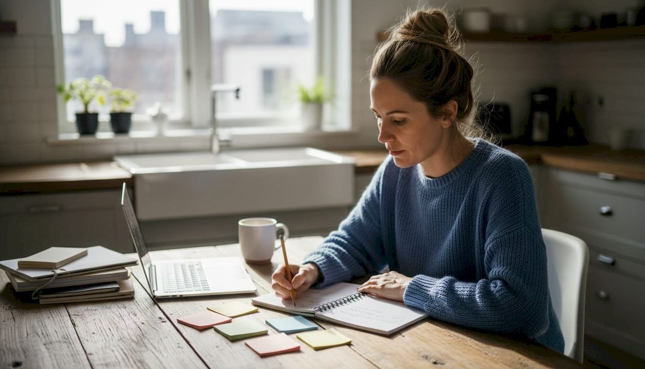 1775207530425_image Writer organizing narrative ideas in morning light