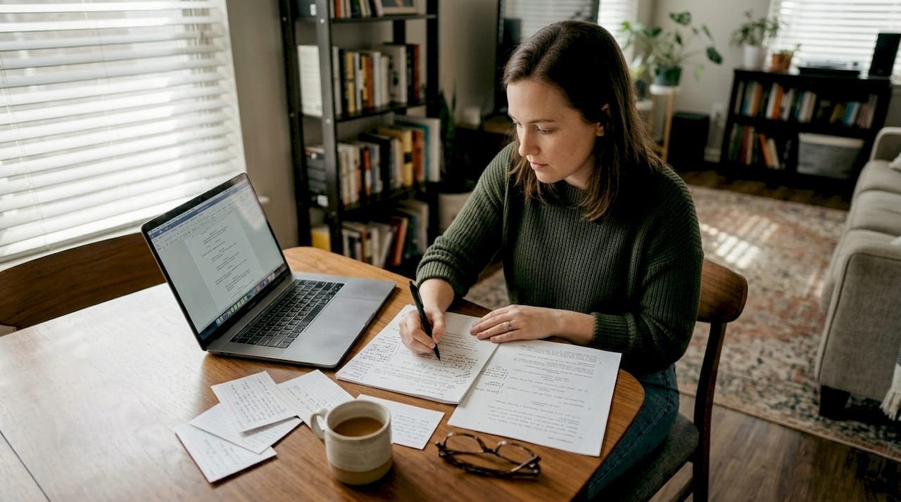 1775207591277_Screenwriter-revising-pages-on-living-room-floor Screenwriter revising pages on living room floor