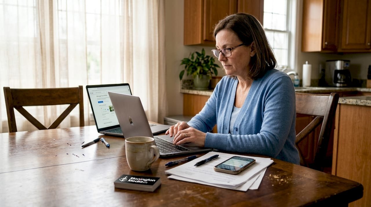 Business owner updating profile at kitchen table