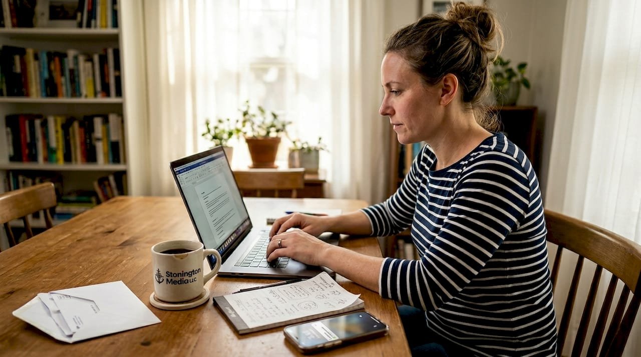 Business owner updating website at home