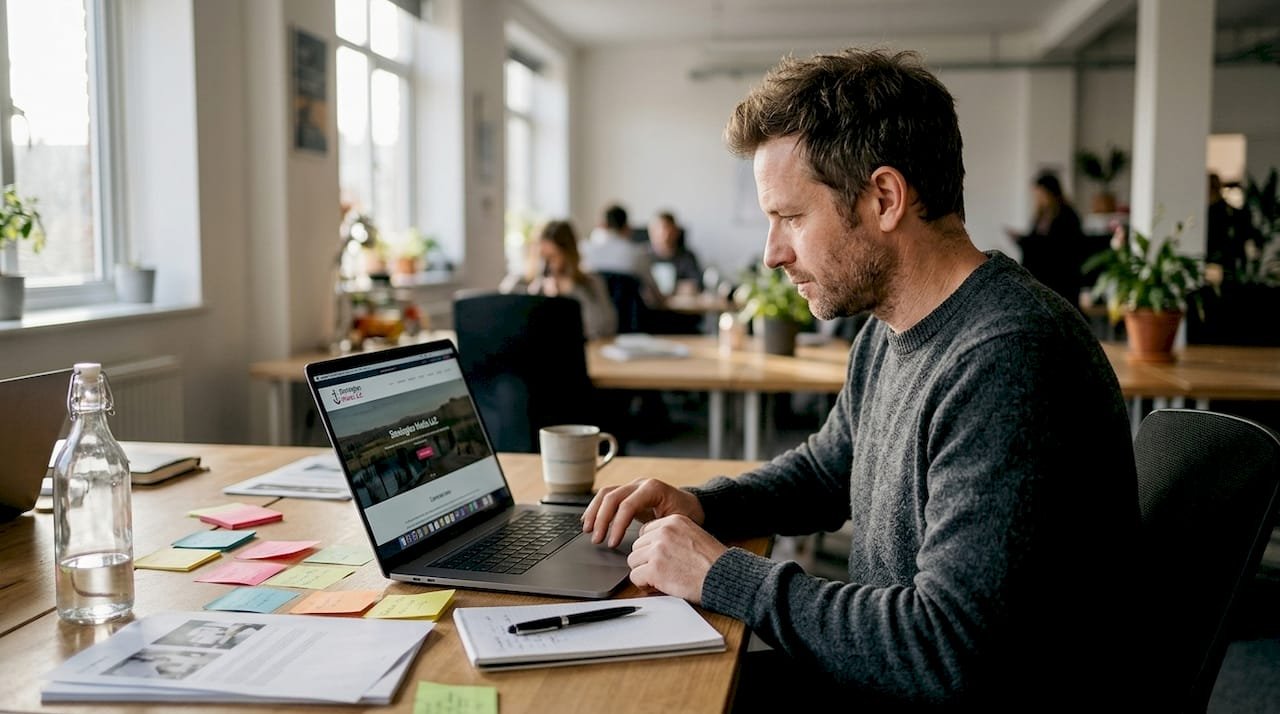 Business owner reviewing website homepage draft