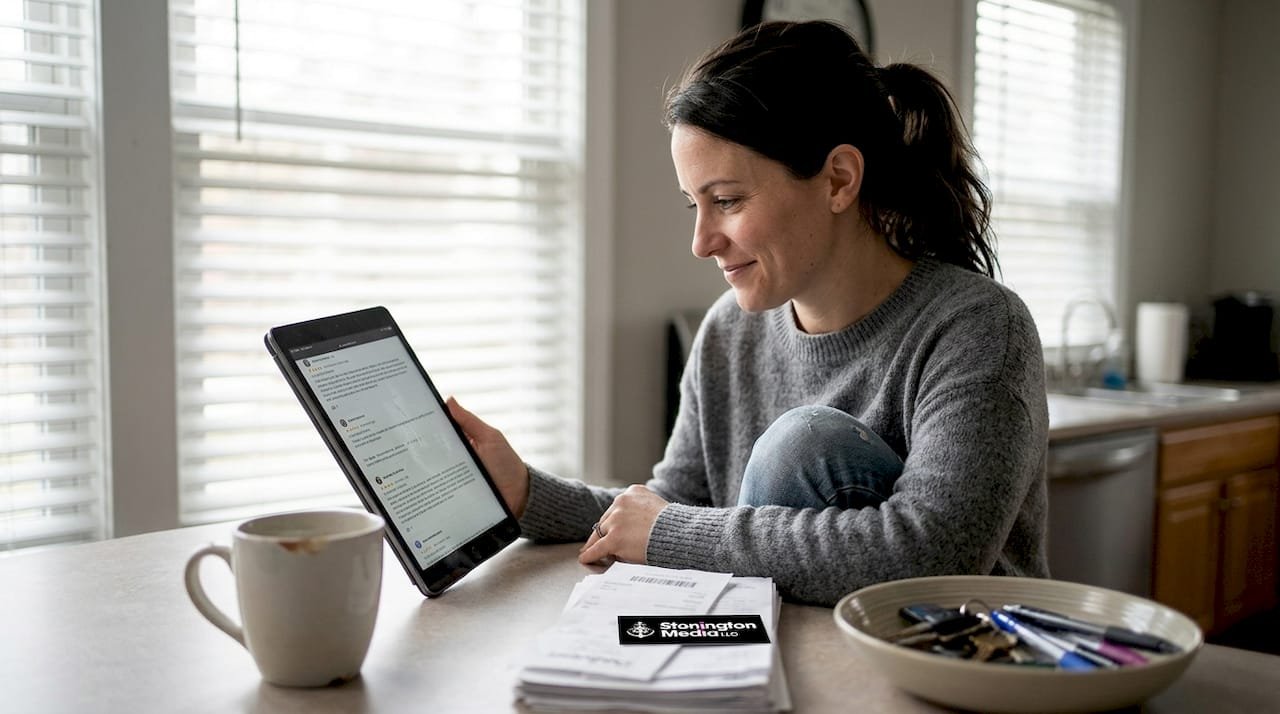 Business owner reading reviews in home office