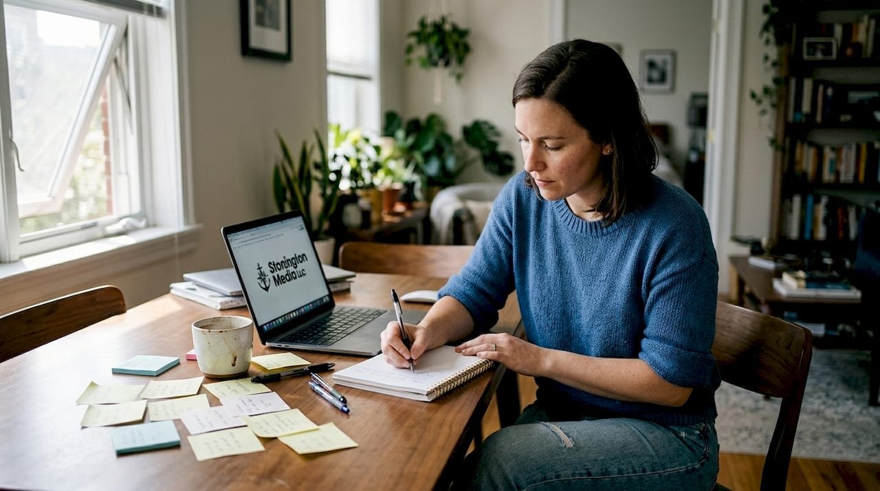 Business owner planning content at home