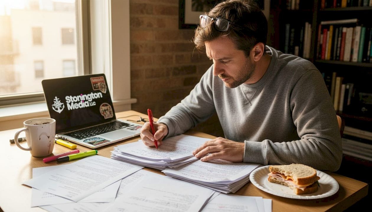 Screenwriter reviewing script with handwritten notes