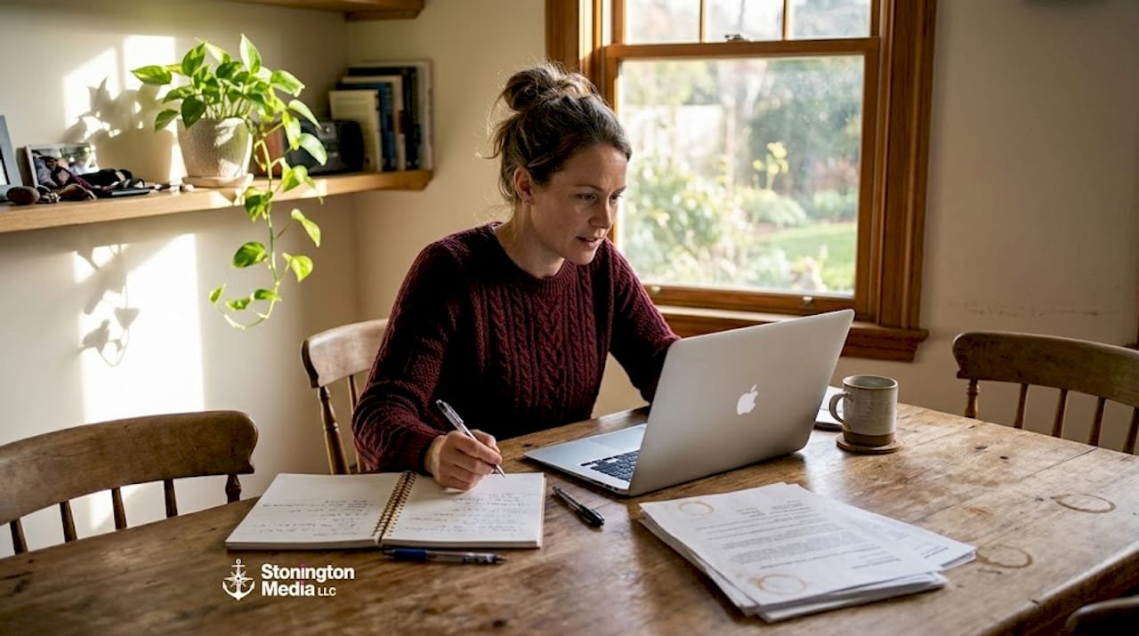 Small business owner reviewing website message