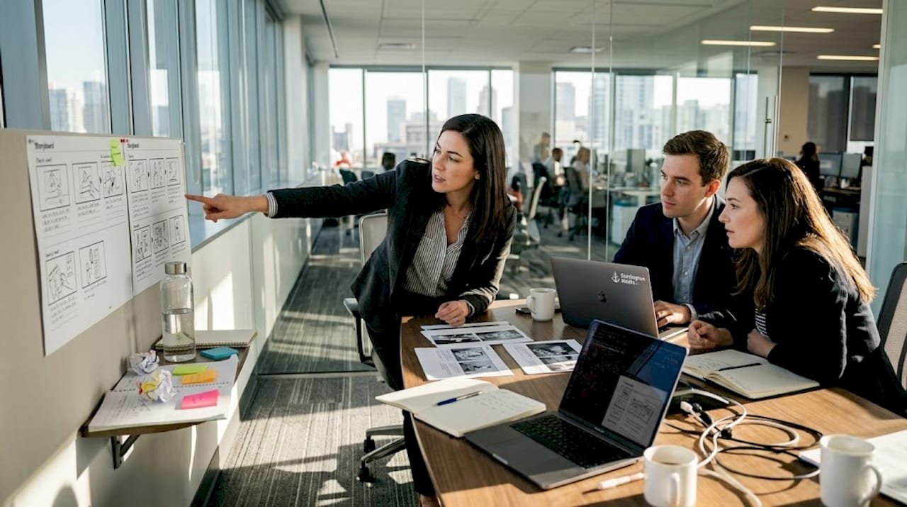 Team collaborating on branding strategy in meeting