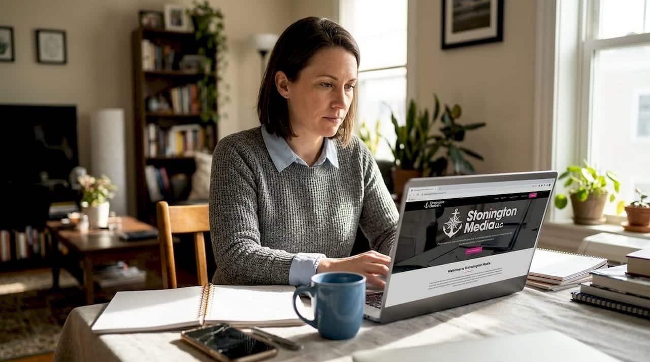 Business owner reviewing website at home table