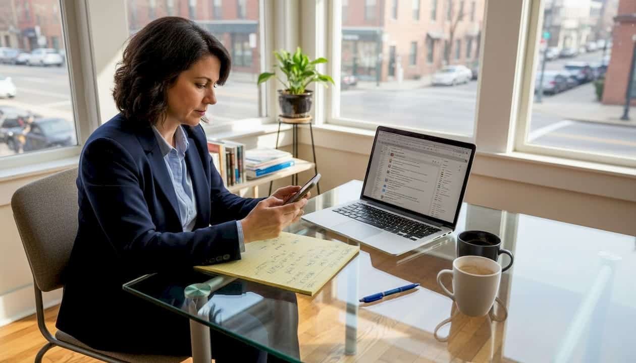 Manager checking business messages in office
