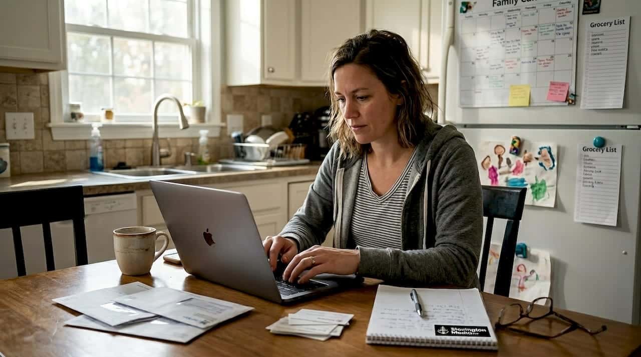 Entrepreneur working on online messaging at kitchen table
