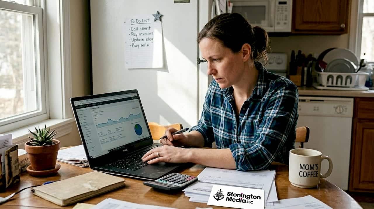 Business owner checking website analytics at kitchen table