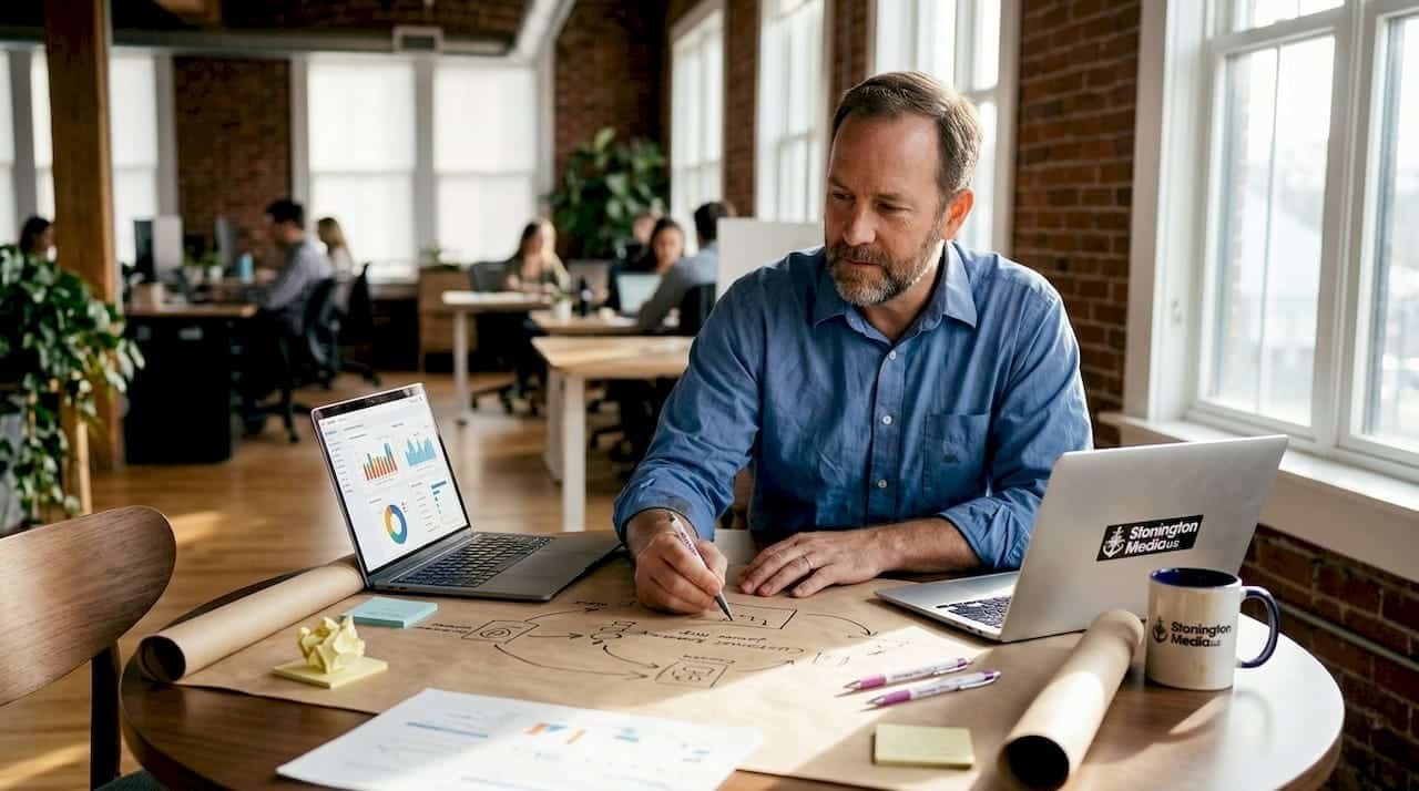 Marketing manager mapping storytelling strategy