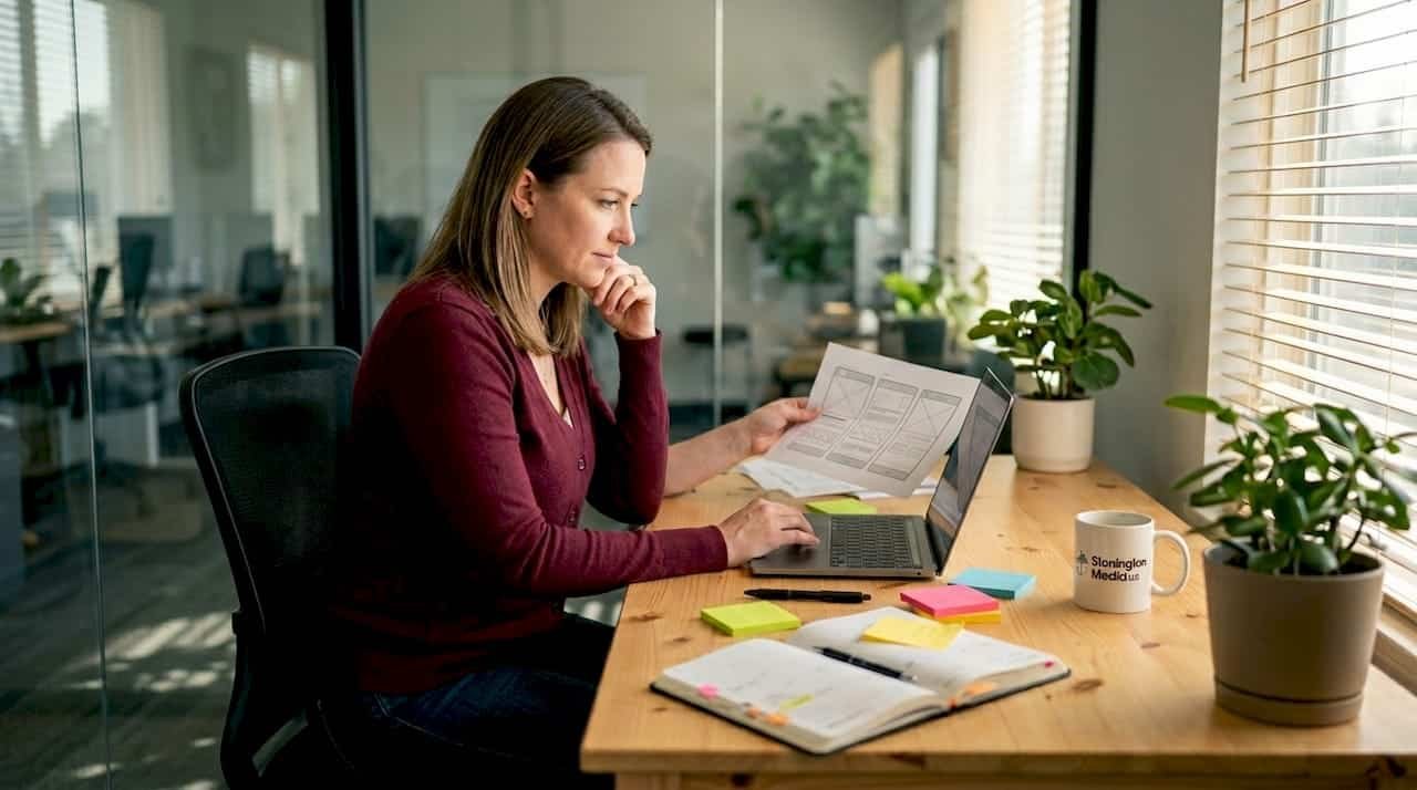 Business owner reviewing website strategy in office