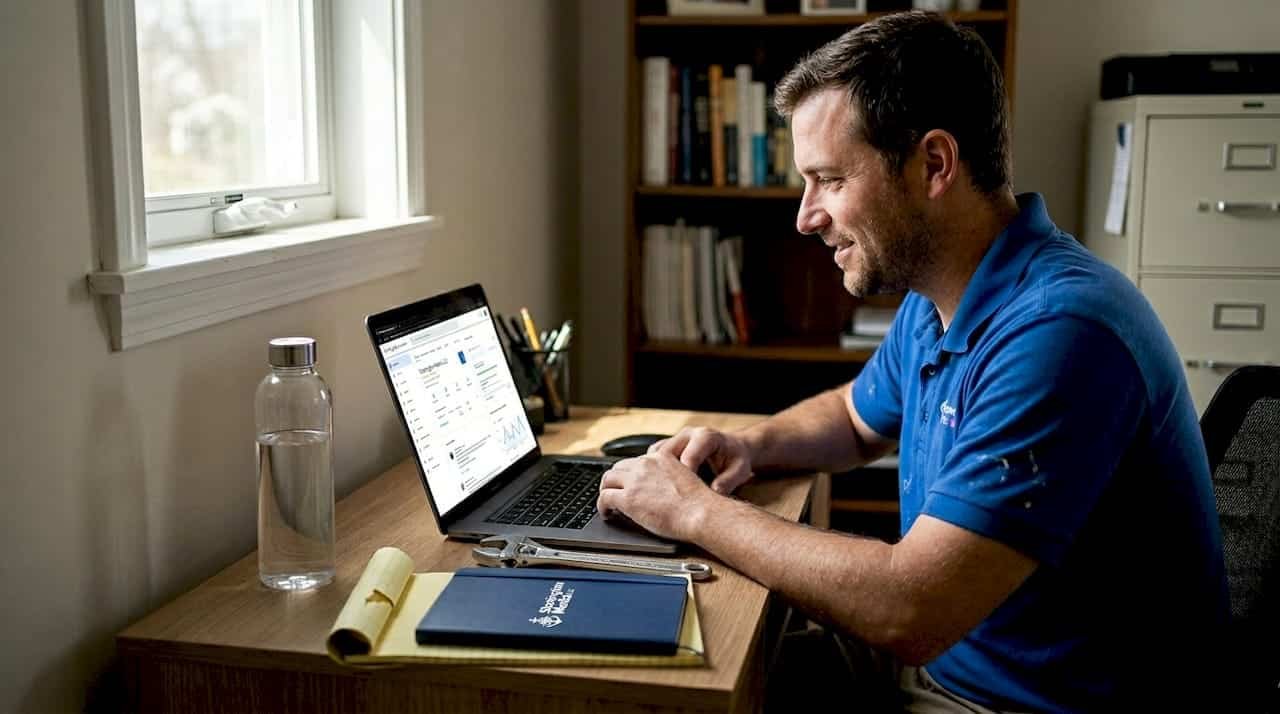 Plumber updating business website at home desk