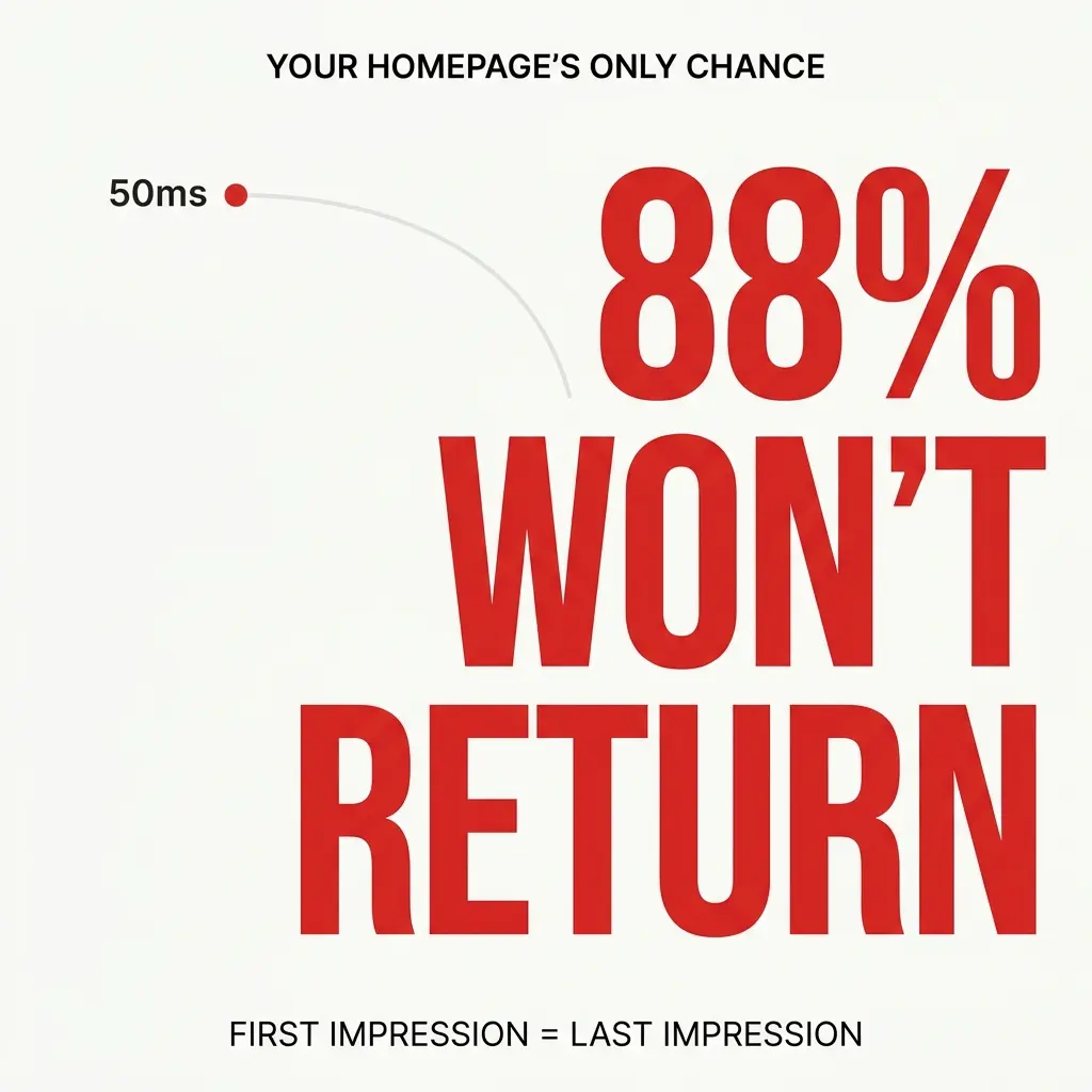 Your homepage has 50 milliseconds to make a first impression and 10 seconds to communicate value before 50% of visitors bounce.