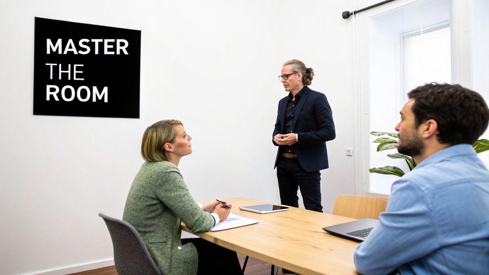 A man in a suit presents to two colleagues at a wooden table during a business meeting.