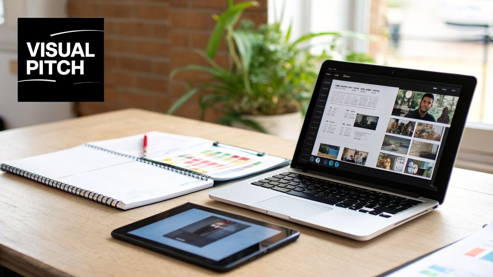 Creative workspace showing a laptop, tablet, notebook, and color palette with 'Visual Pitch' logo.