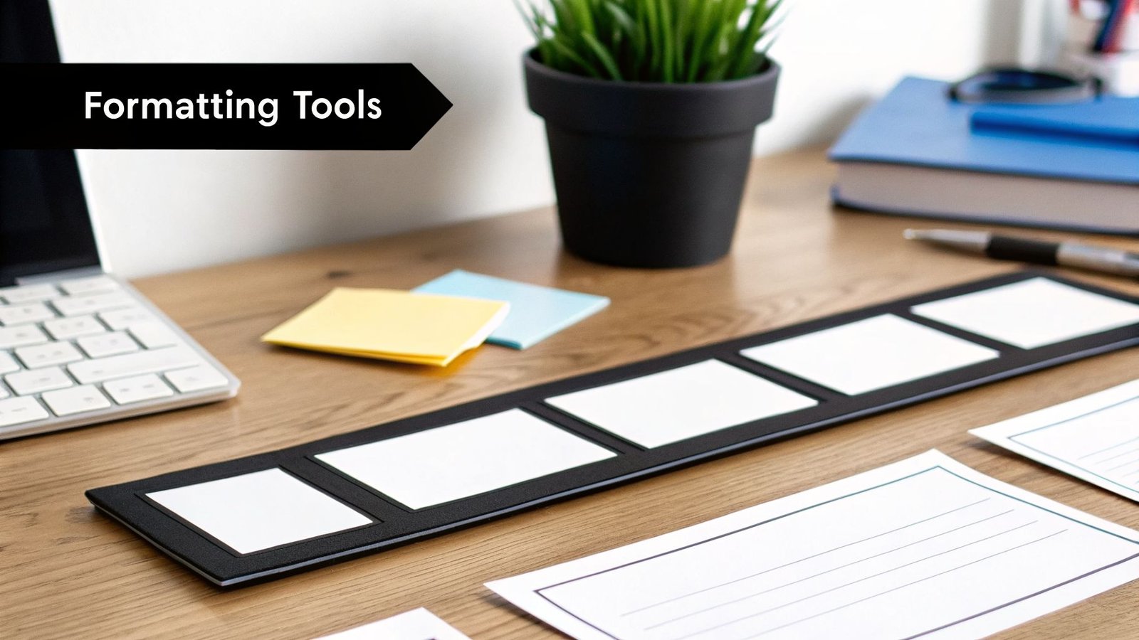 A desk setup with a laptop, plant, book, sticky notes, and a 'Formatting Tools' banner.