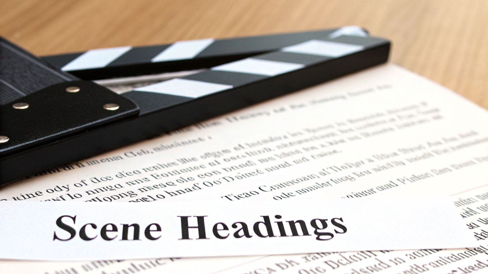 A black clapperboard rests on a screenplay with 'Scene Headings' visible, suggesting film production.