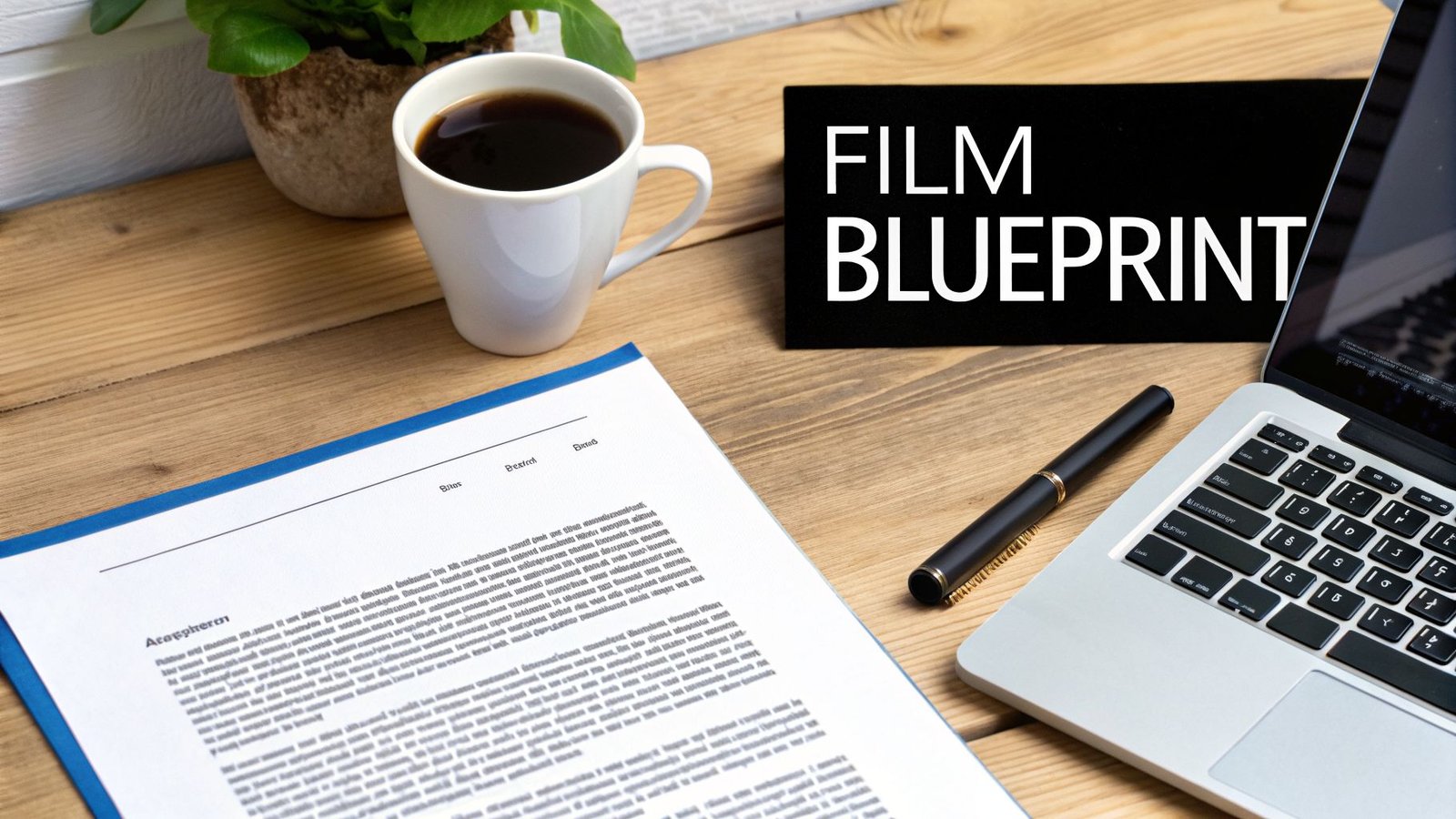 A creative workspace with a coffee, plant, document, pen, laptop, and 'FILM BLUEPRINT' sign.